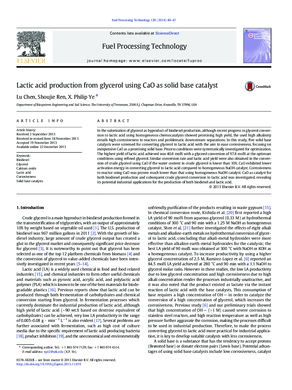 Lactic acid production from glycerol using CaO as solid base catalyst