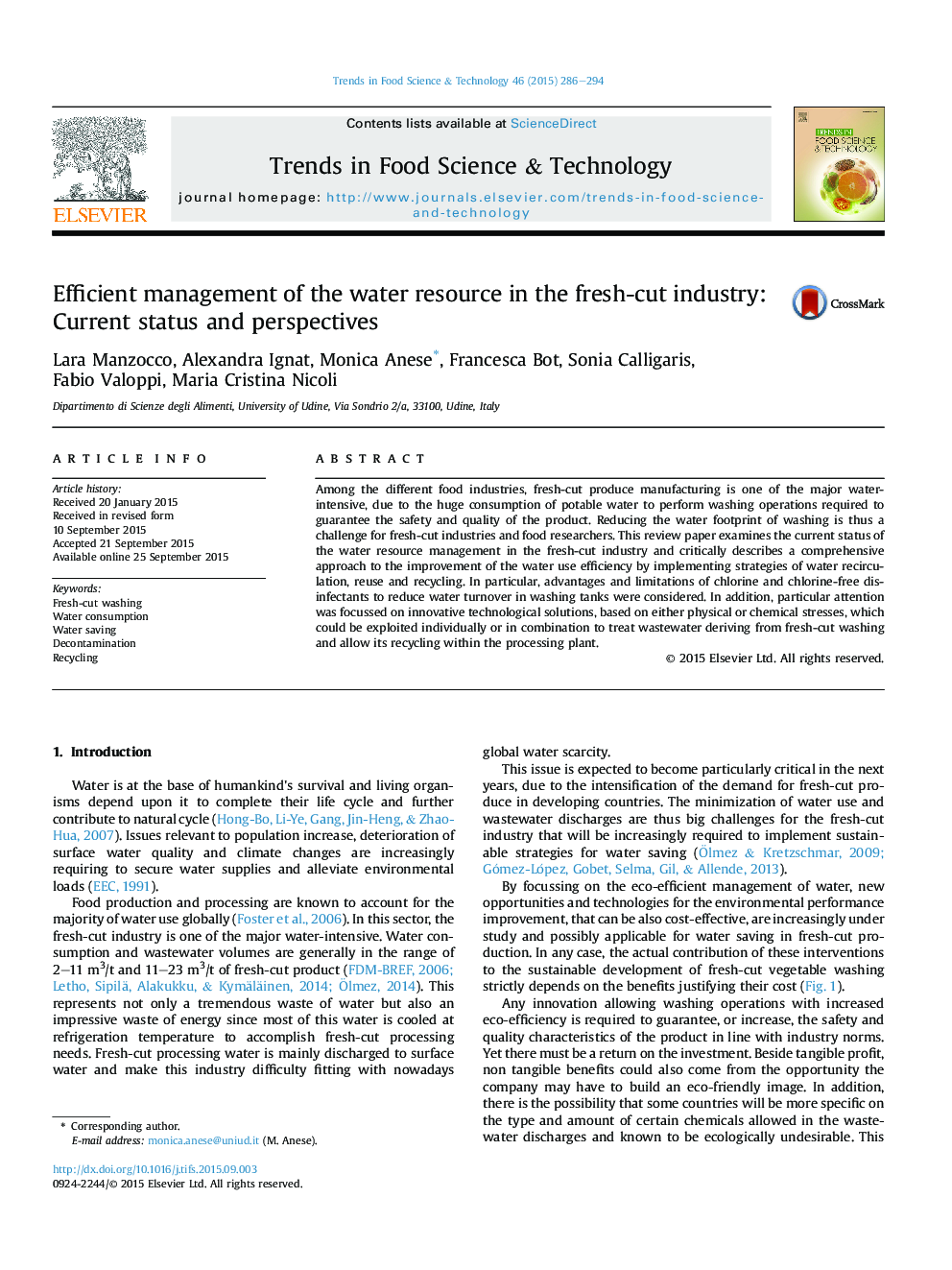 Efficient management of the water resource in the fresh-cut industry: Current status and perspectives