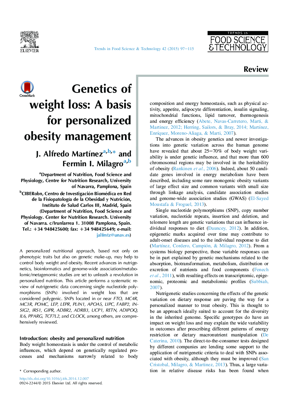 Genetics of weight loss: A basis for personalized obesity management