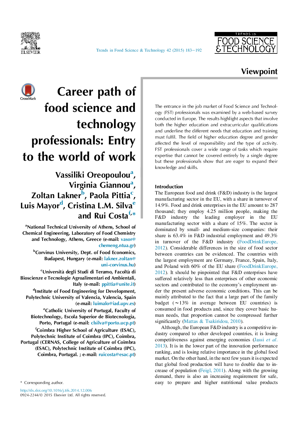 Career path of food science and technology professionals: Entry to the world of work