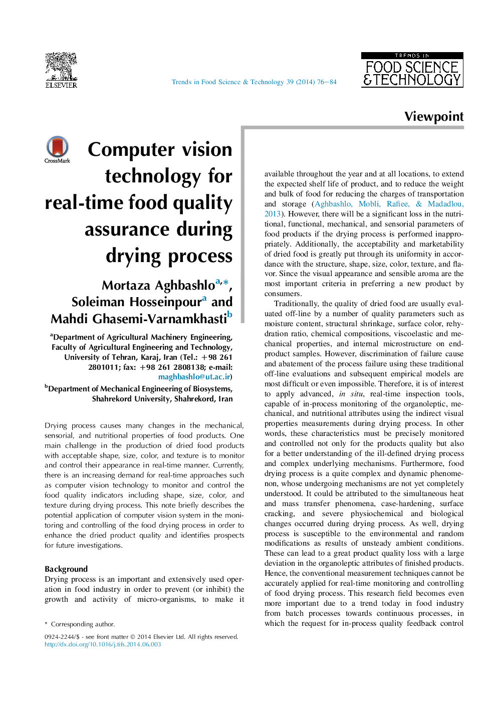 Computer vision technology for real-time food quality assurance during drying process