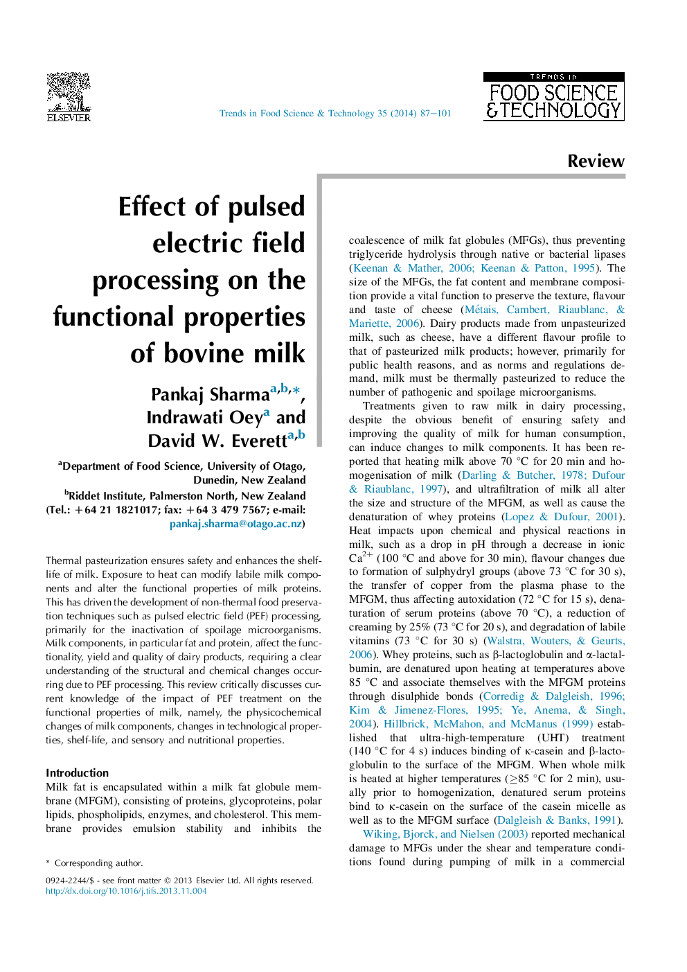 Effect of pulsed electric field processing on the functional properties of bovine milk