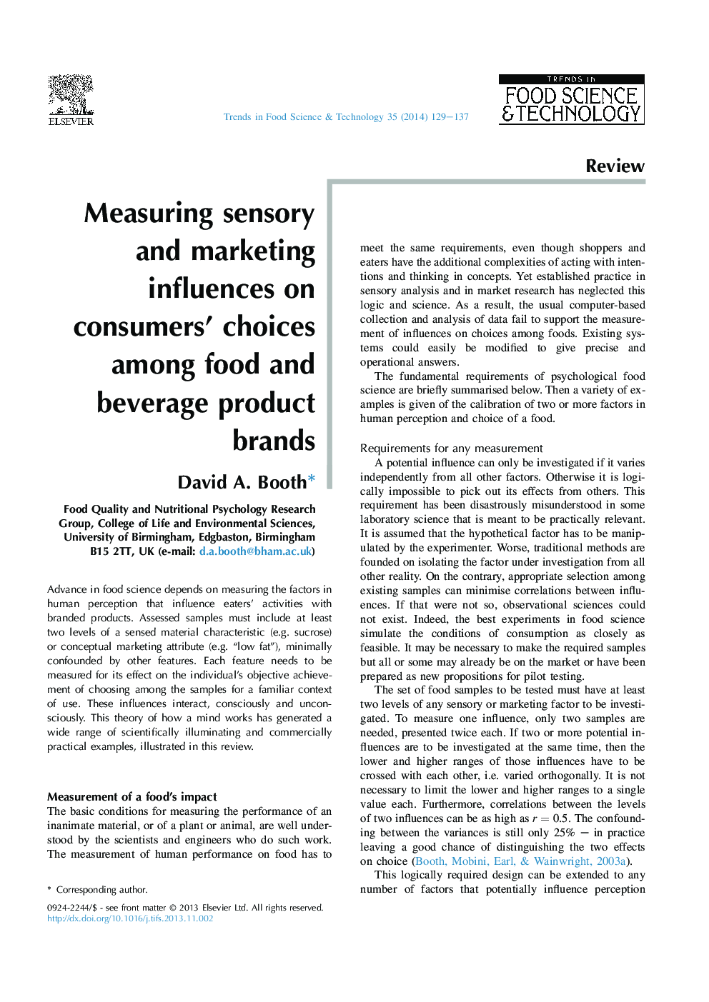Measuring sensory and marketing influences on consumers' choices among food and beverage product brands