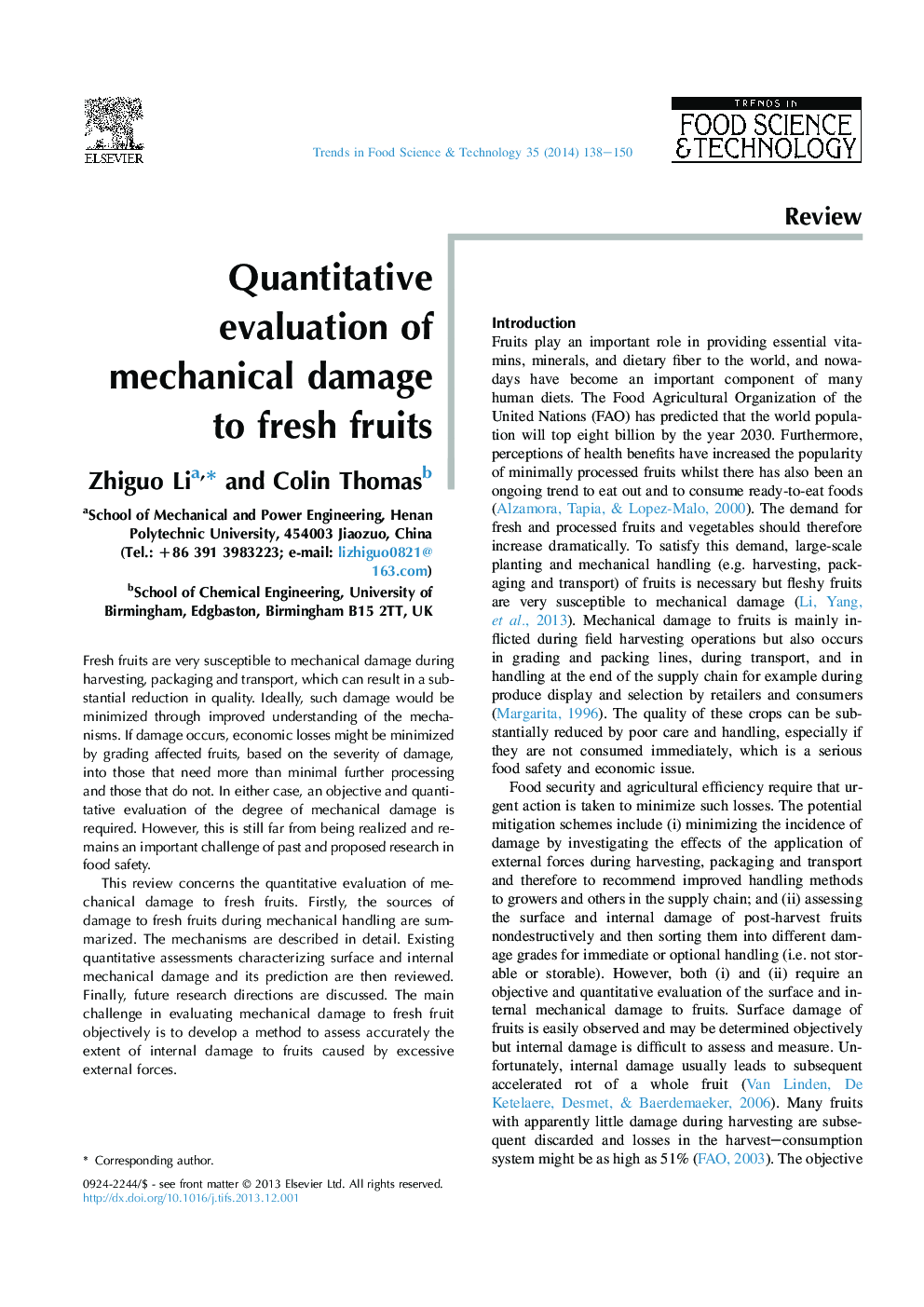 Quantitative evaluation of mechanical damage to fresh fruits