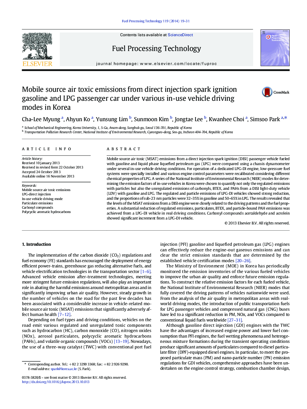 Mobile source air toxic emissions from direct injection spark ignition gasoline and LPG passenger car under various in-use vehicle driving modes in Korea