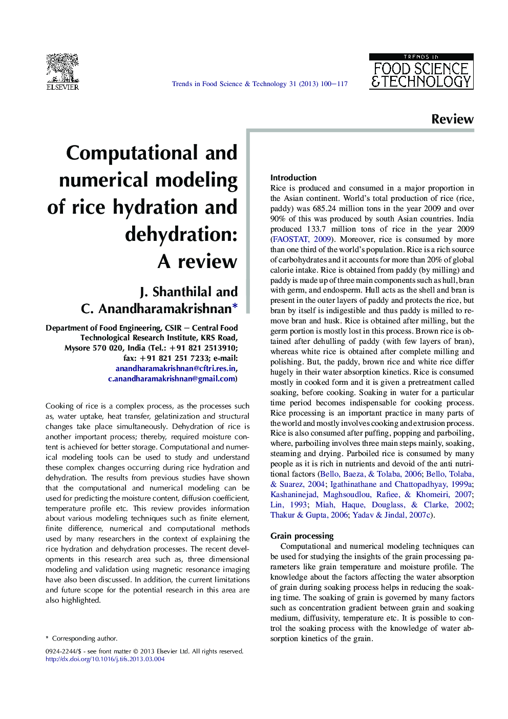 Computational and numerical modeling of rice hydration and dehydration: A review