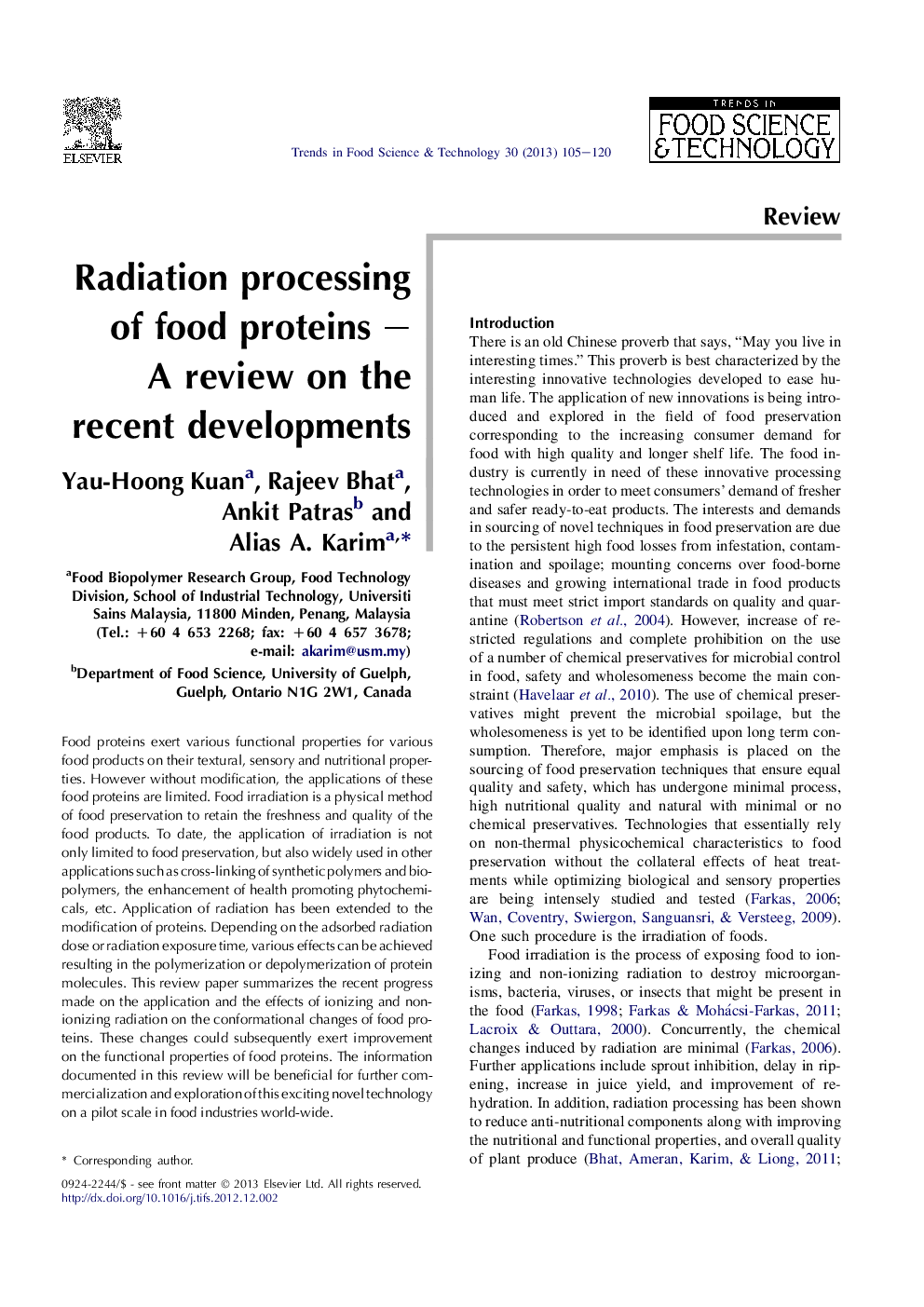 Radiation processing of food proteins – A review on the recent developments