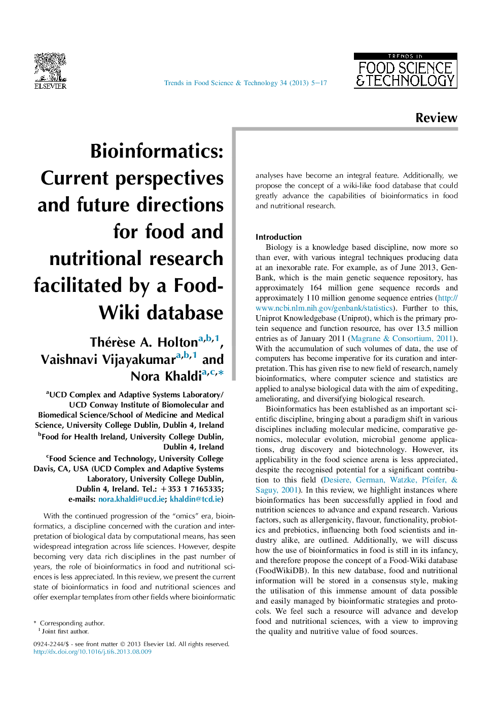 Bioinformatics: Current perspectives and future directions for food and nutritional research facilitated by a Food-Wiki database