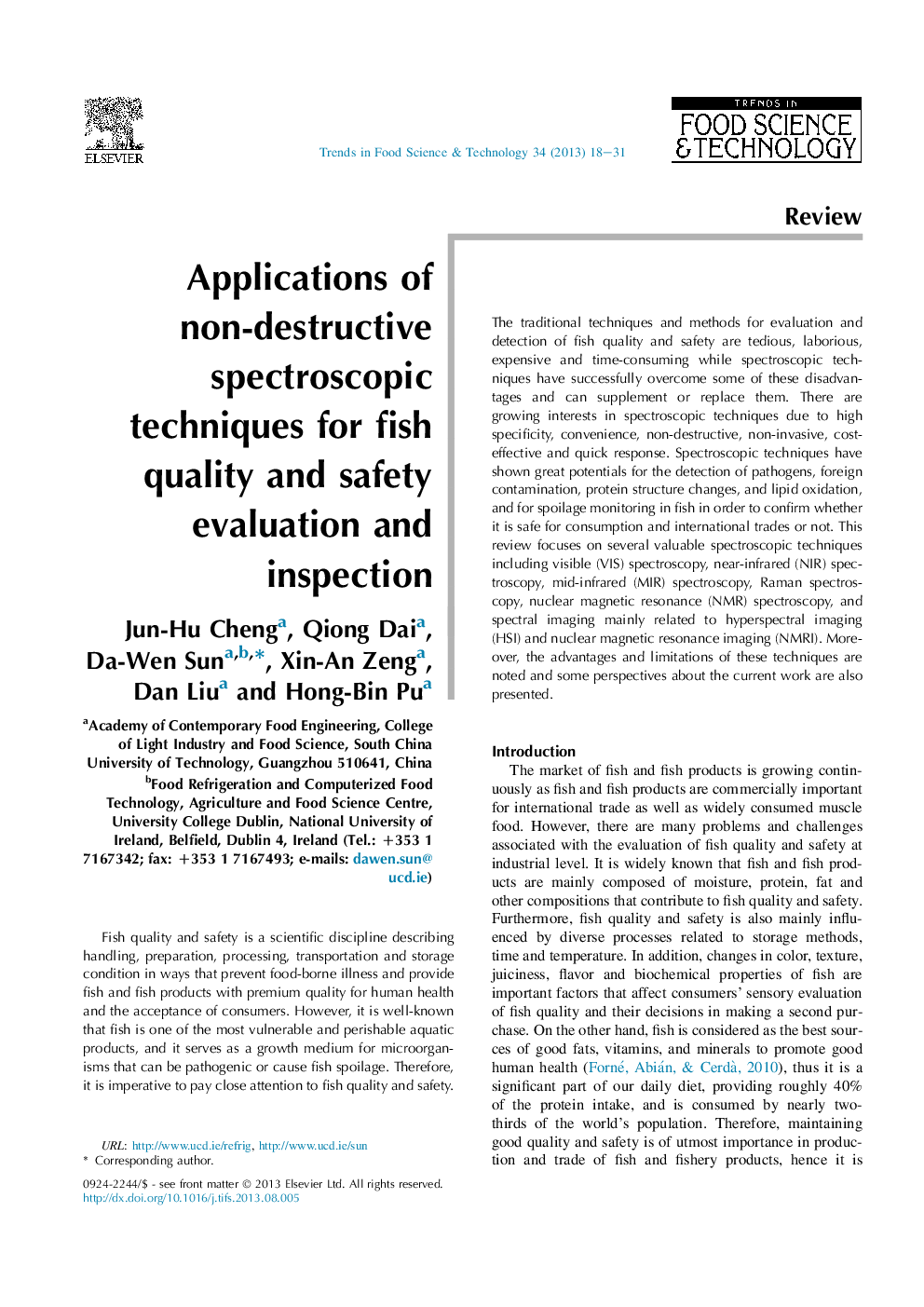 Applications of non-destructive spectroscopic techniques for fish quality and safety evaluation and inspection