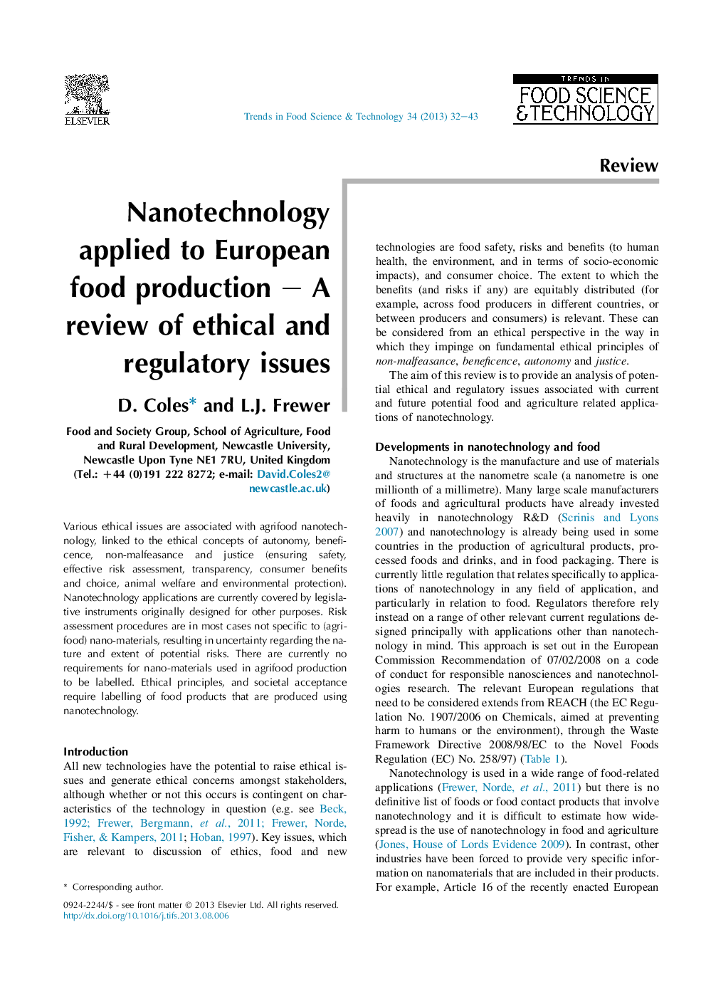 Nanotechnology applied to European food production – A review of ethical and regulatory issues