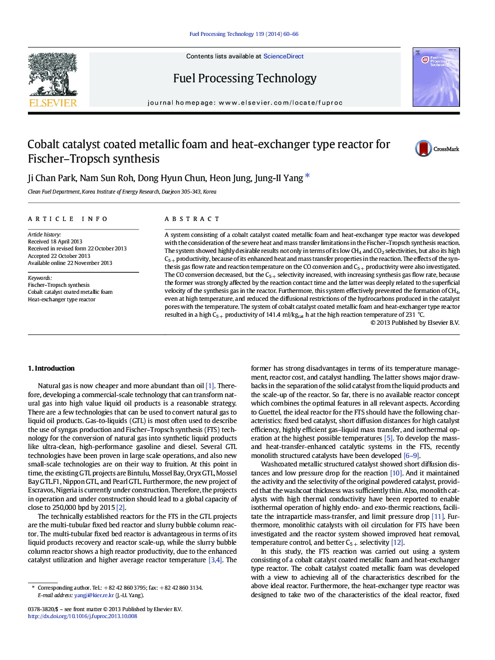 Cobalt catalyst coated metallic foam and heat-exchanger type reactor for Fischer–Tropsch synthesis