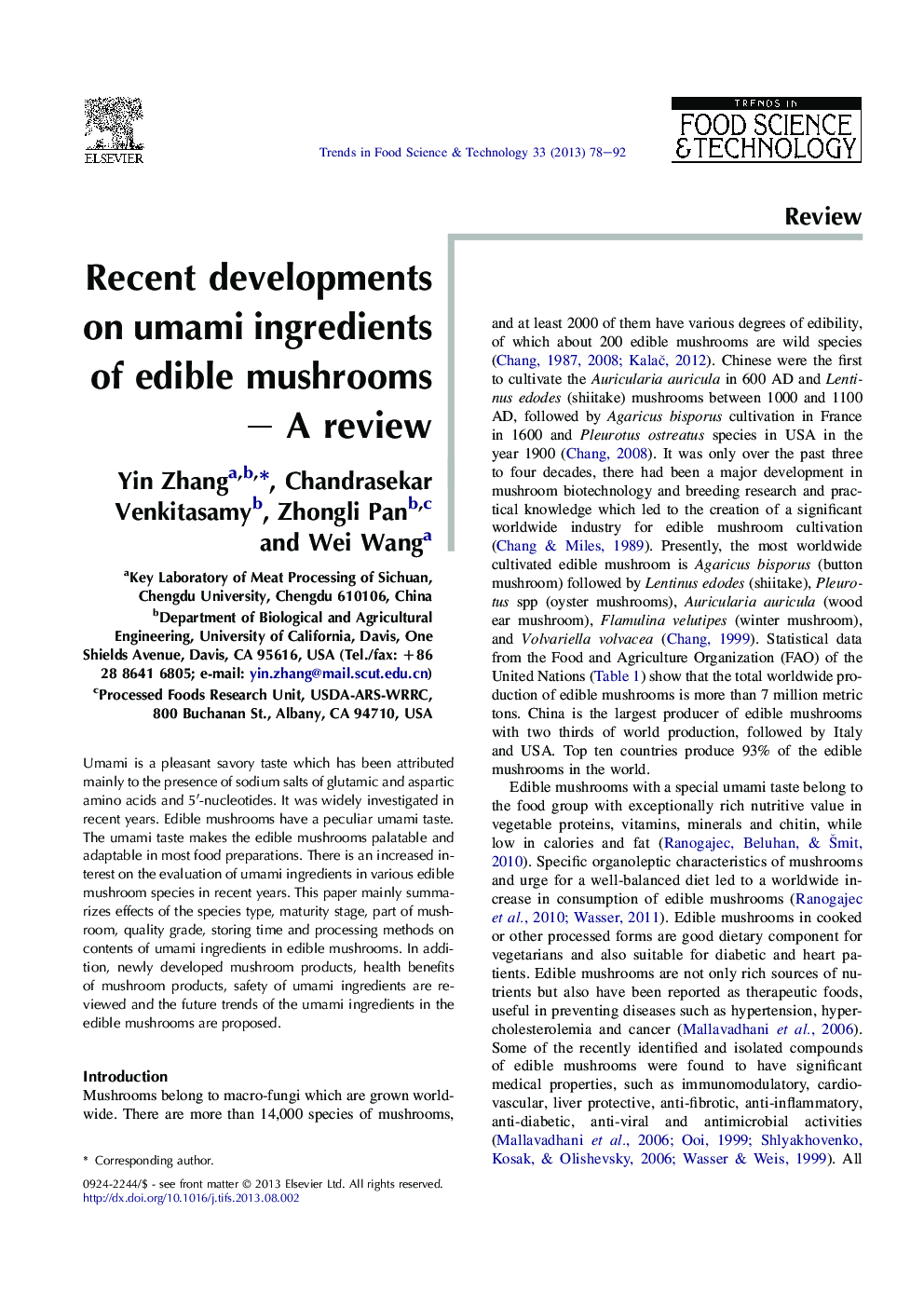 Recent developments on umami ingredients of edible mushrooms – A review