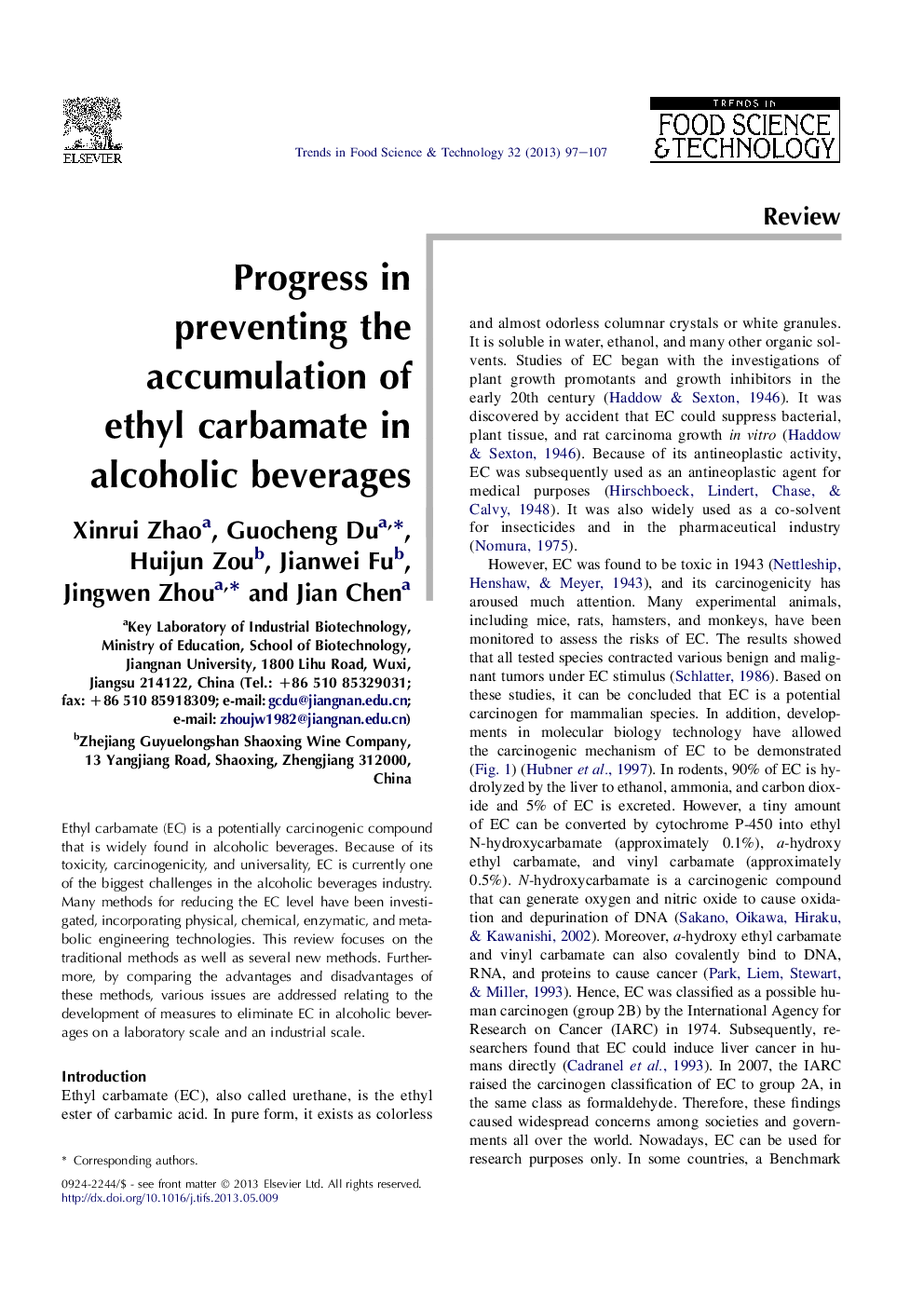 Progress in preventing the accumulation of ethyl carbamate in alcoholic beverages