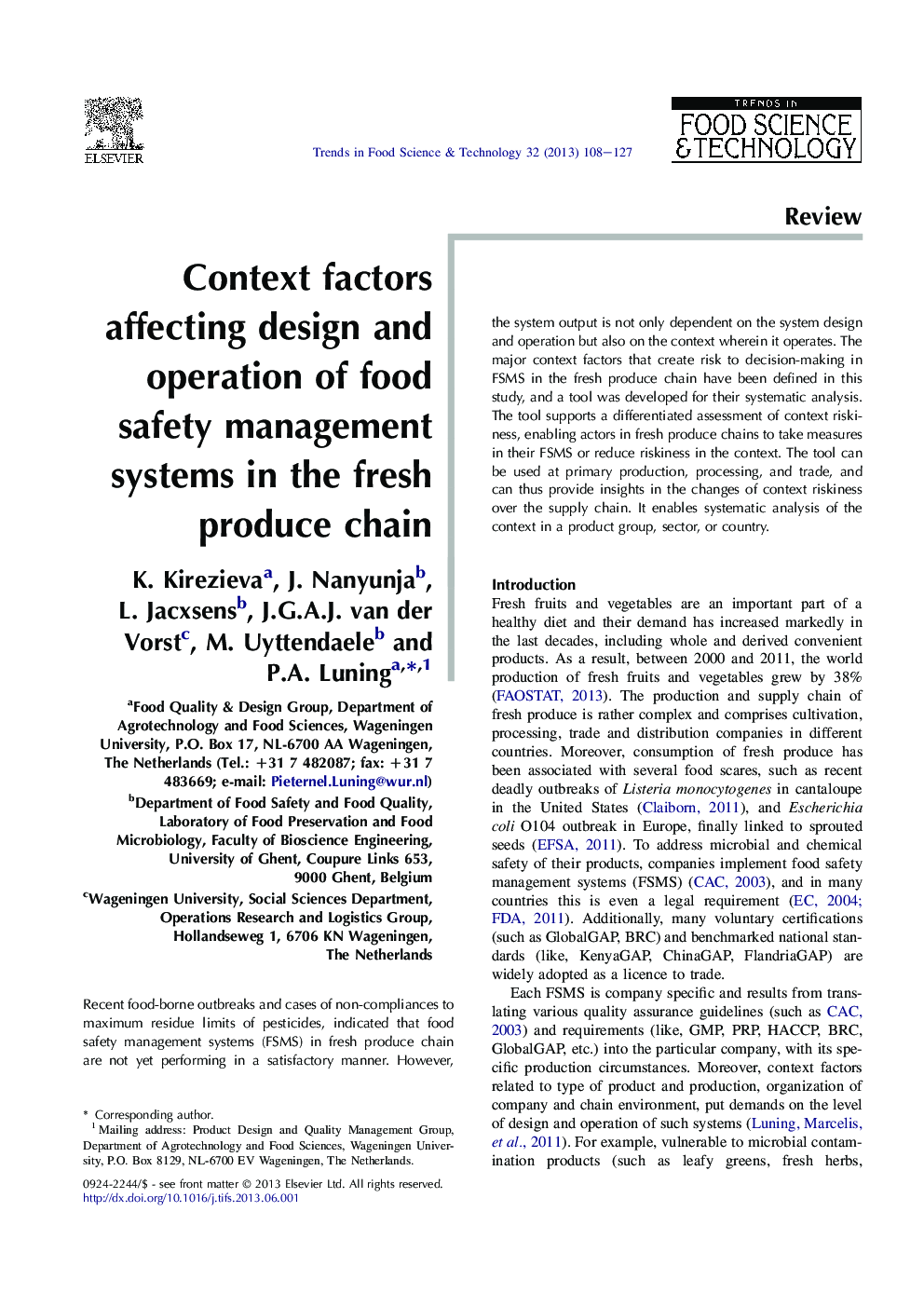 Context factors affecting design and operation of food safety management systems in the fresh produce chain