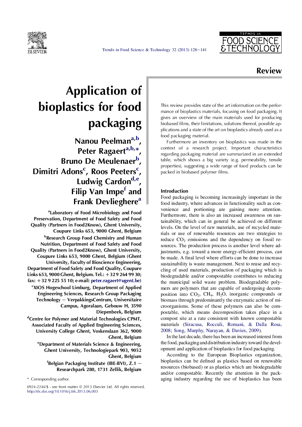 Application of bioplastics for food packaging