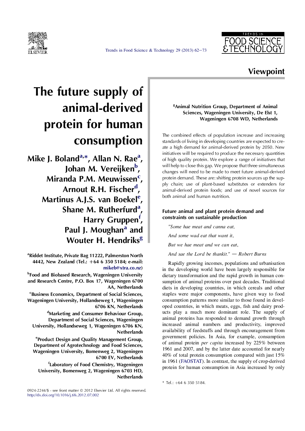 The future supply of animal-derived protein for human consumption