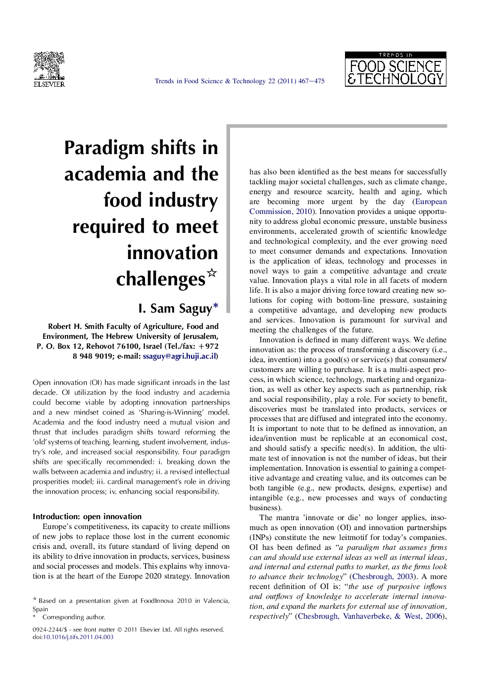 Paradigm shifts in academia and the food industry required to meet innovation challenges 