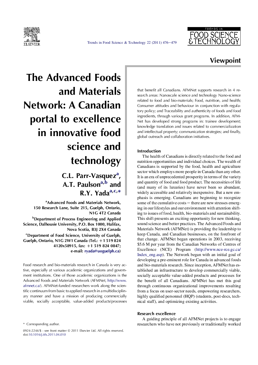 The Advanced Foods and Materials Network: A Canadian portal to excellence in innovative food science and technology