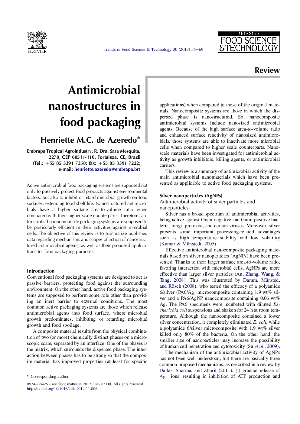 Antimicrobial nanostructures in food packaging