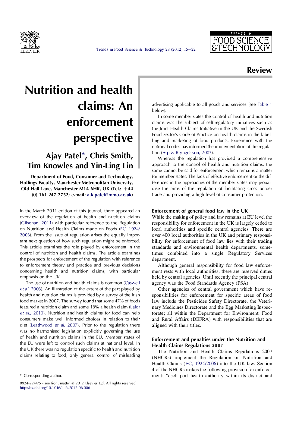 Nutrition and health claims: An enforcement perspective