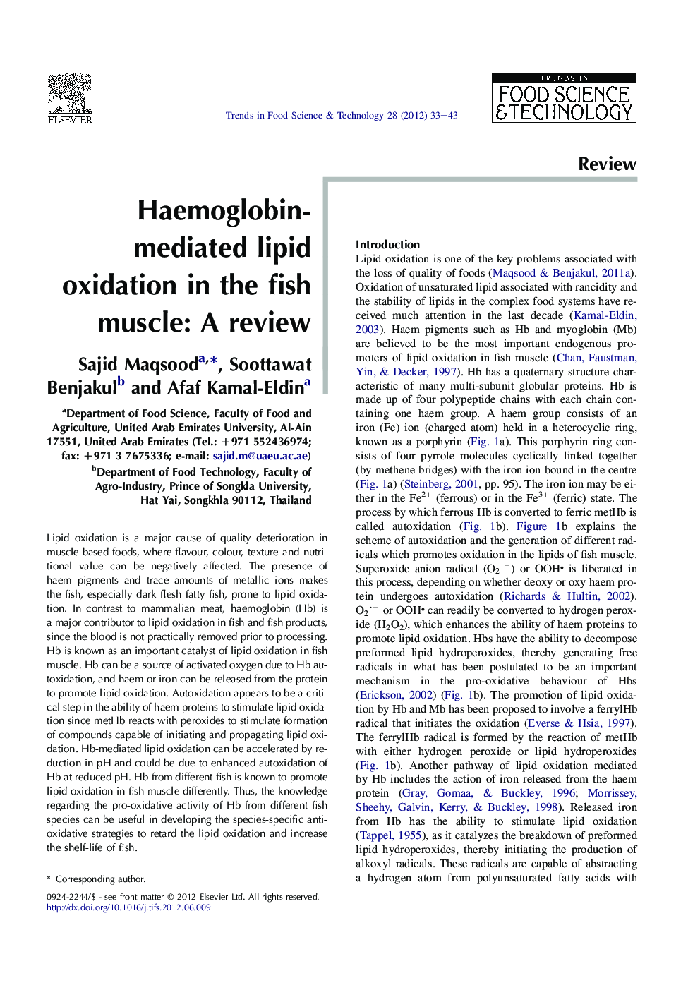 Haemoglobin-mediated lipid oxidation in the fish muscle: A review