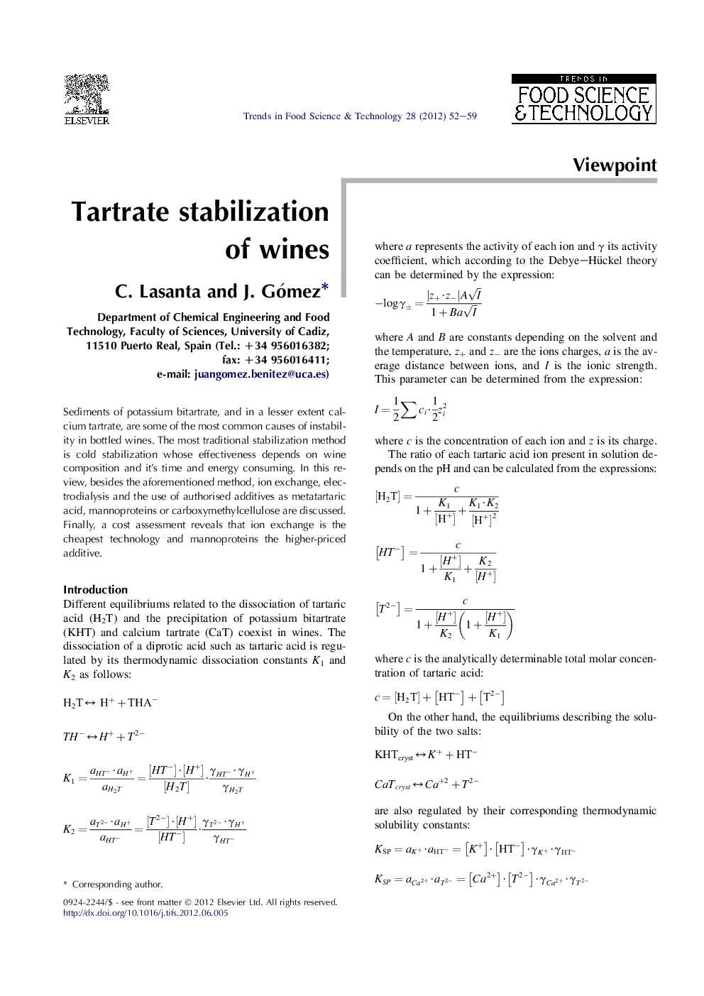 Tartrate stabilization of wines