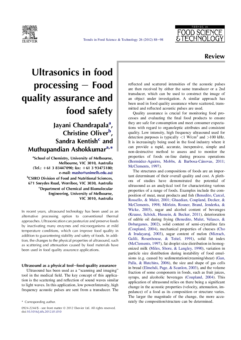 Ultrasonics in food processing – Food quality assurance and food safety