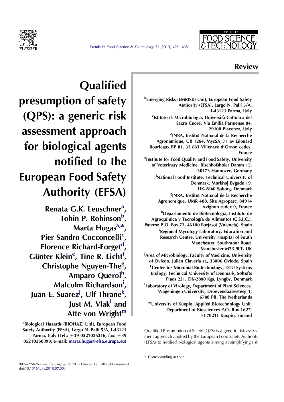 Qualified presumption of safety (QPS): a generic risk assessment approach for biological agents notified to the European Food Safety Authority (EFSA)