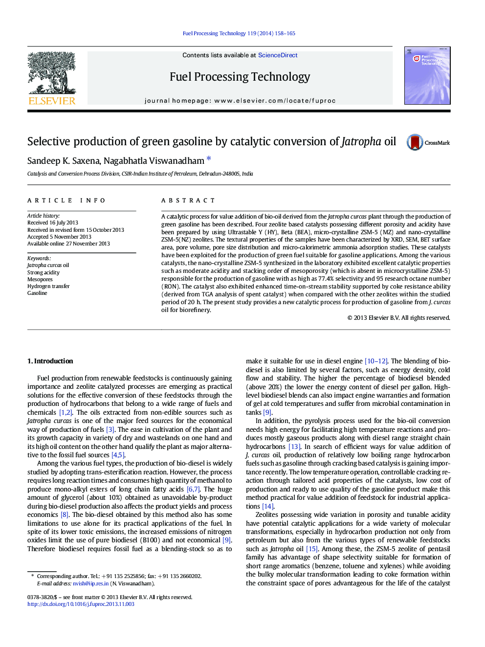 Selective production of green gasoline by catalytic conversion of Jatropha oil