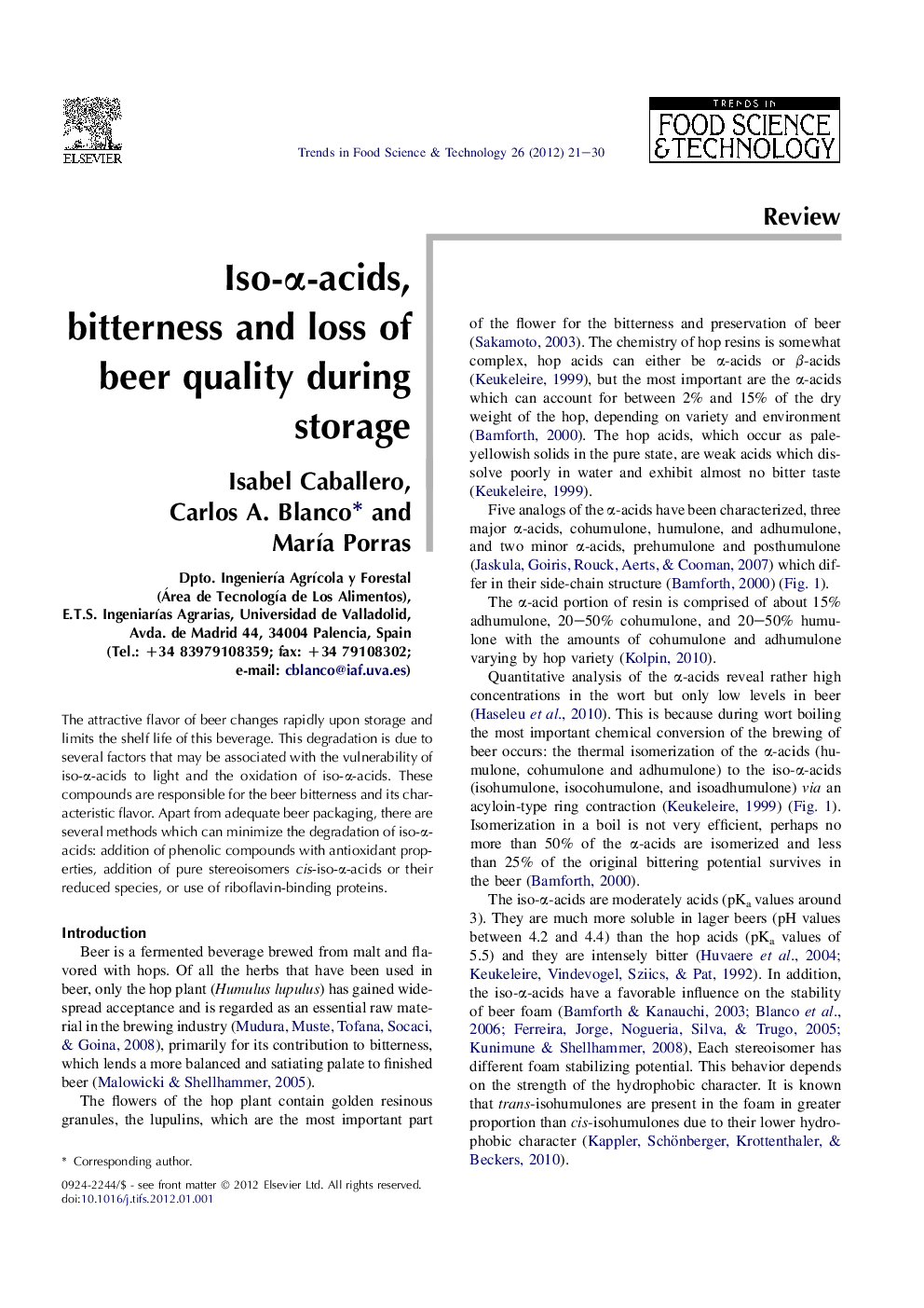 Iso-α-acids, bitterness and loss of beer quality during storage