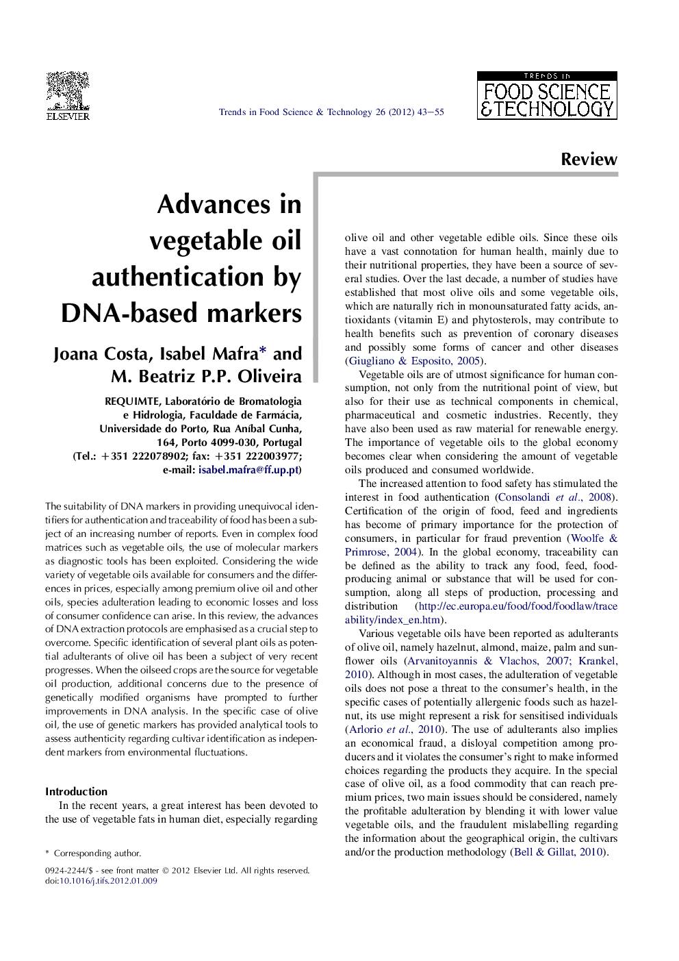 Advances in vegetable oil authentication by DNA-based markers