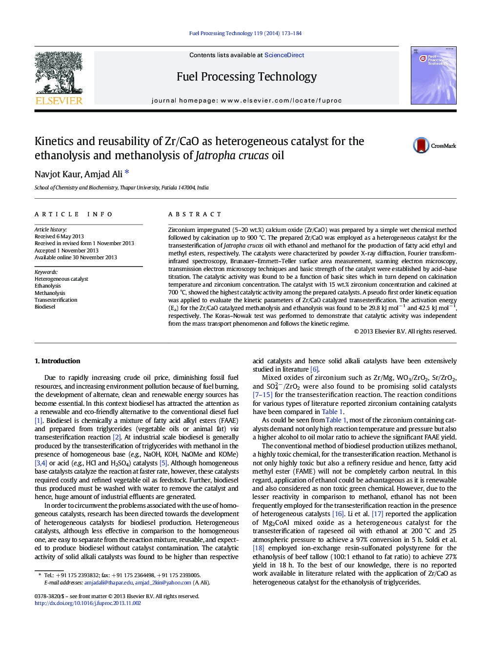 Kinetics and reusability of Zr/CaO as heterogeneous catalyst for the ethanolysis and methanolysis of Jatropha crucas oil