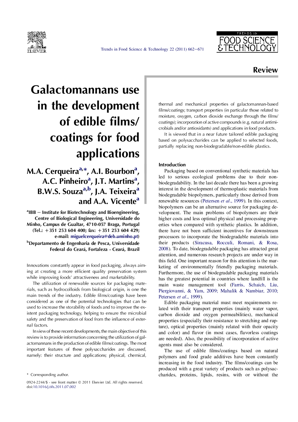 Galactomannans use in the development of edible films/coatings for food applications