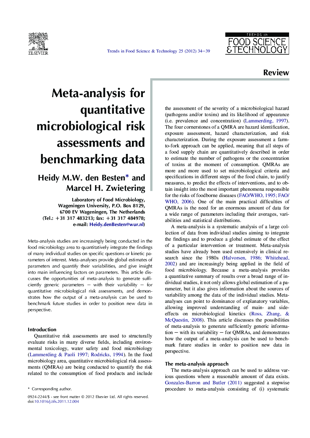 Meta-analysis for quantitative microbiological risk assessments and benchmarking data