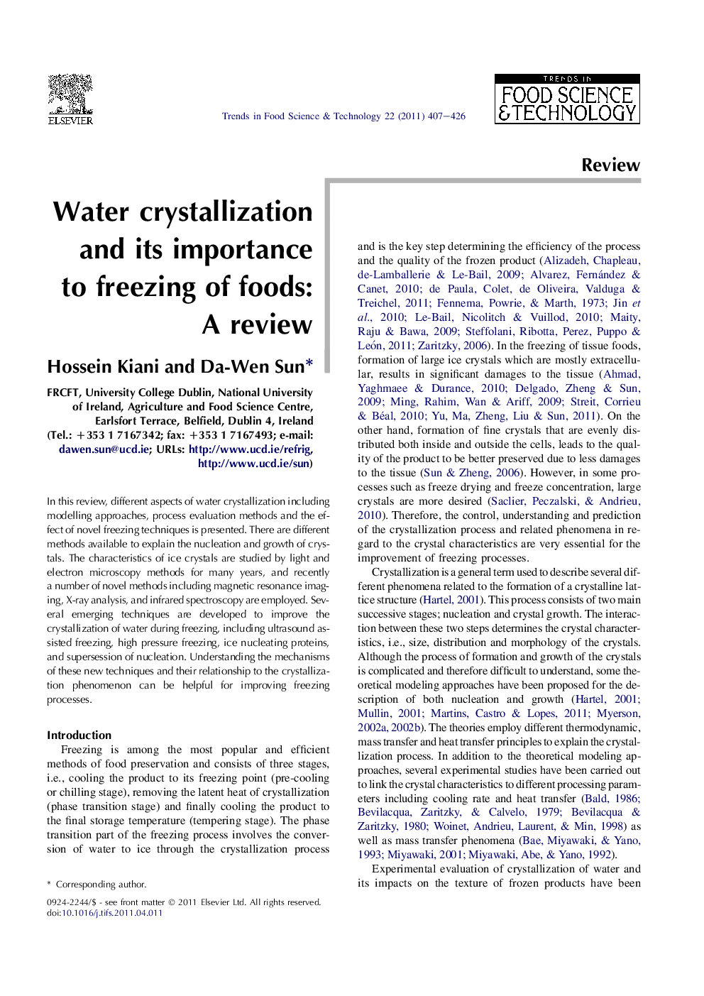 Water crystallization and its importance to freezing of foods: A review