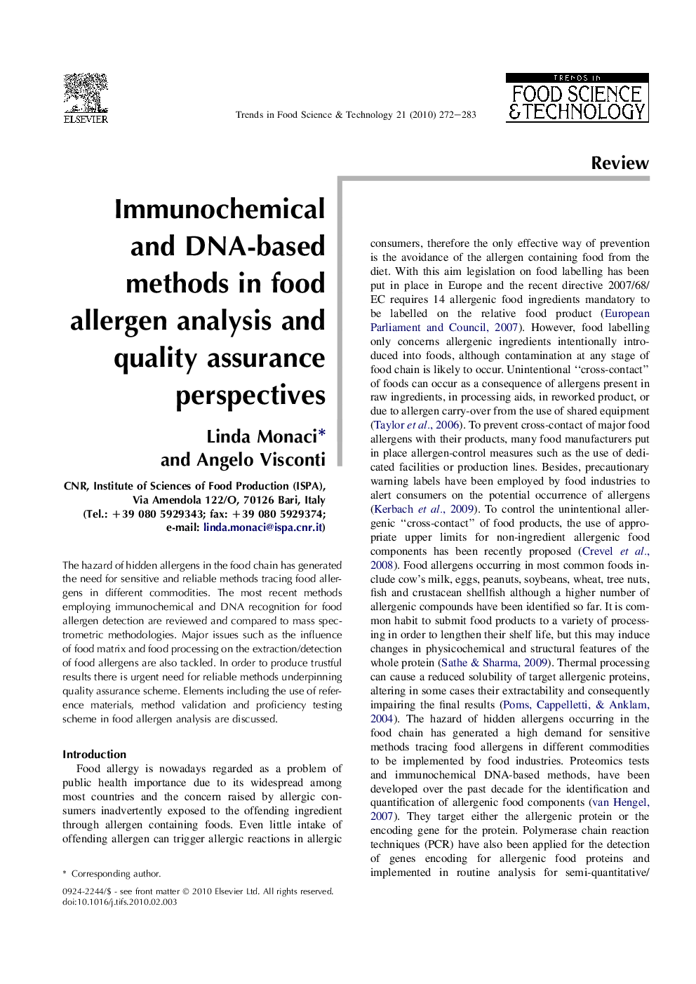 Immunochemical and DNA-based methods in food allergen analysis and quality assurance perspectives