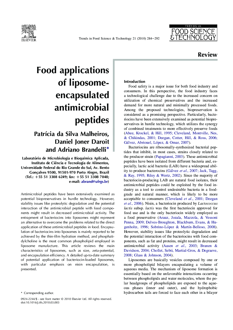 Food applications of liposome-encapsulated antimicrobial peptides