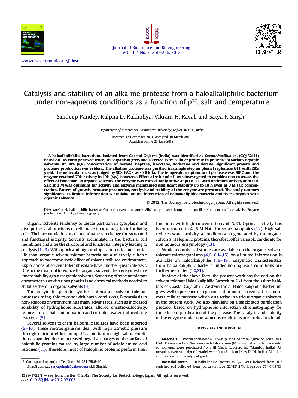 Catalysis and stability of an alkaline protease from a haloalkaliphilic bacterium under non-aqueous conditions as a function of pH, salt and temperature