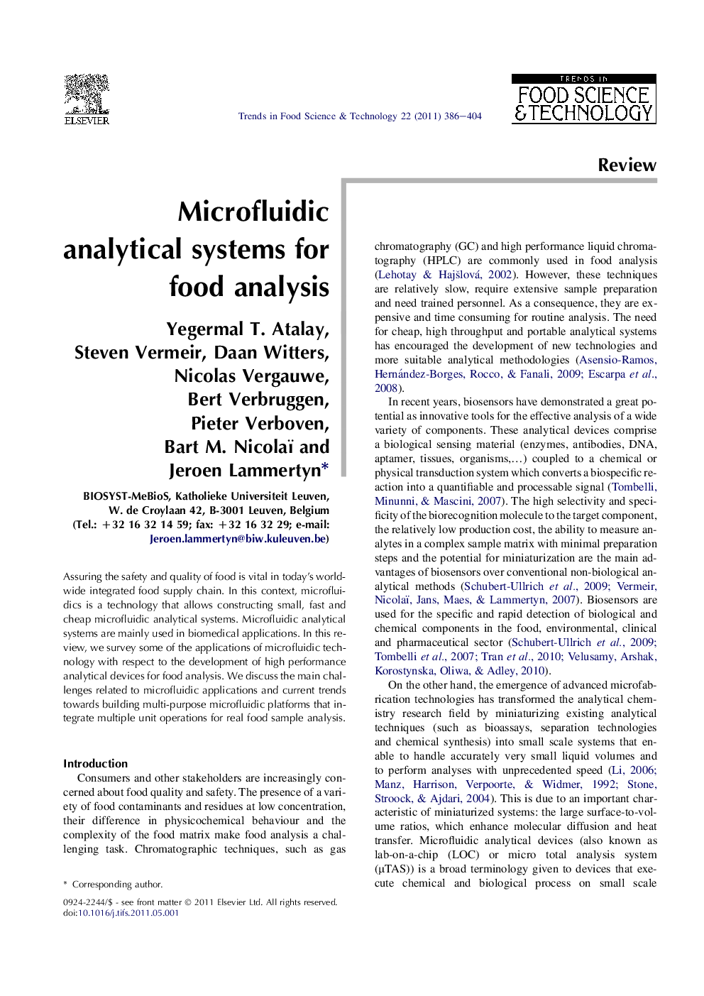 Microfluidic analytical systems for food analysis