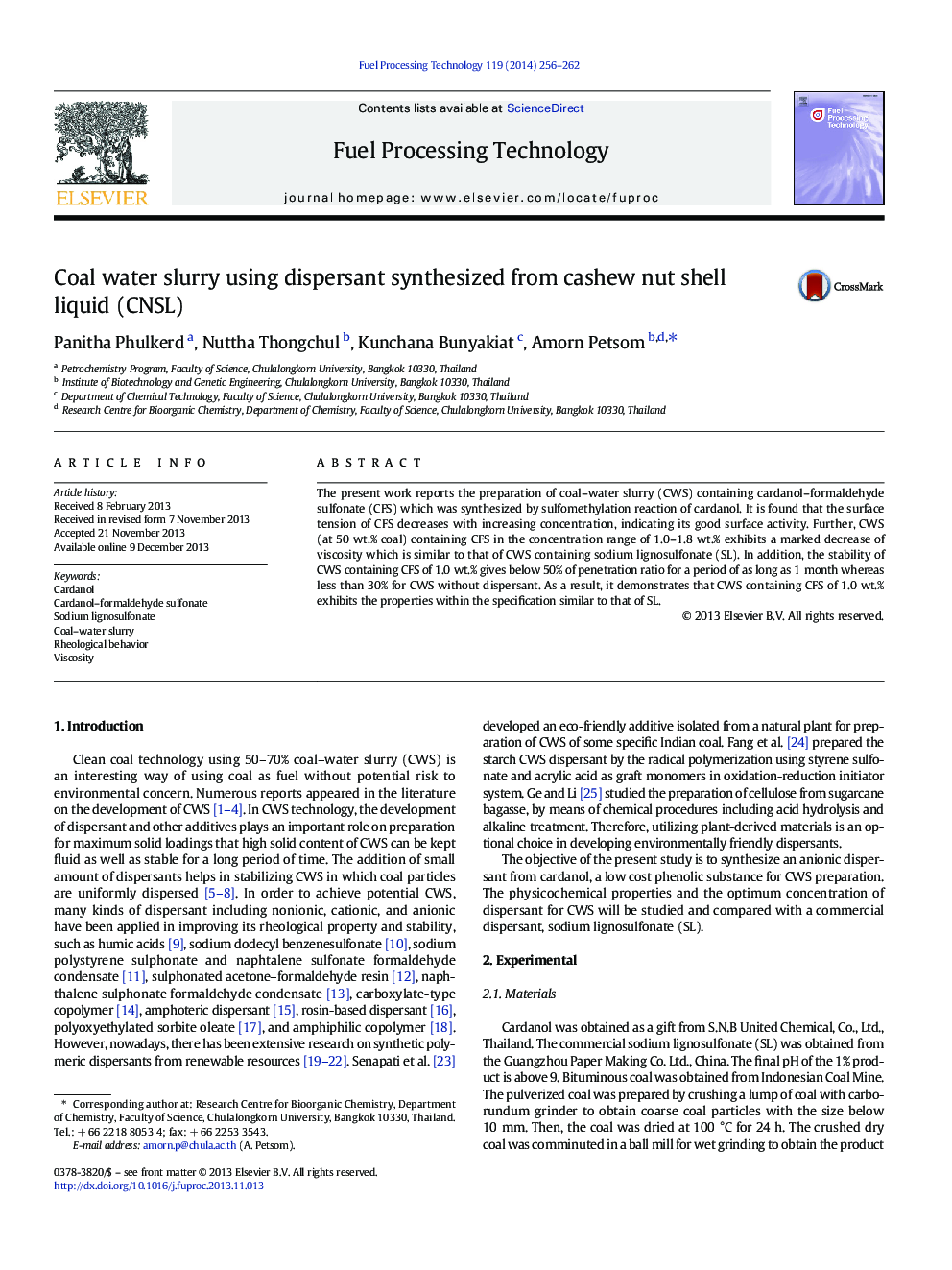 Coal water slurry using dispersant synthesized from cashew nut shell liquid (CNSL)