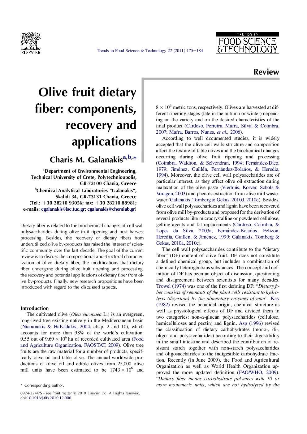 Olive fruit dietary fiber: components, recovery and applications