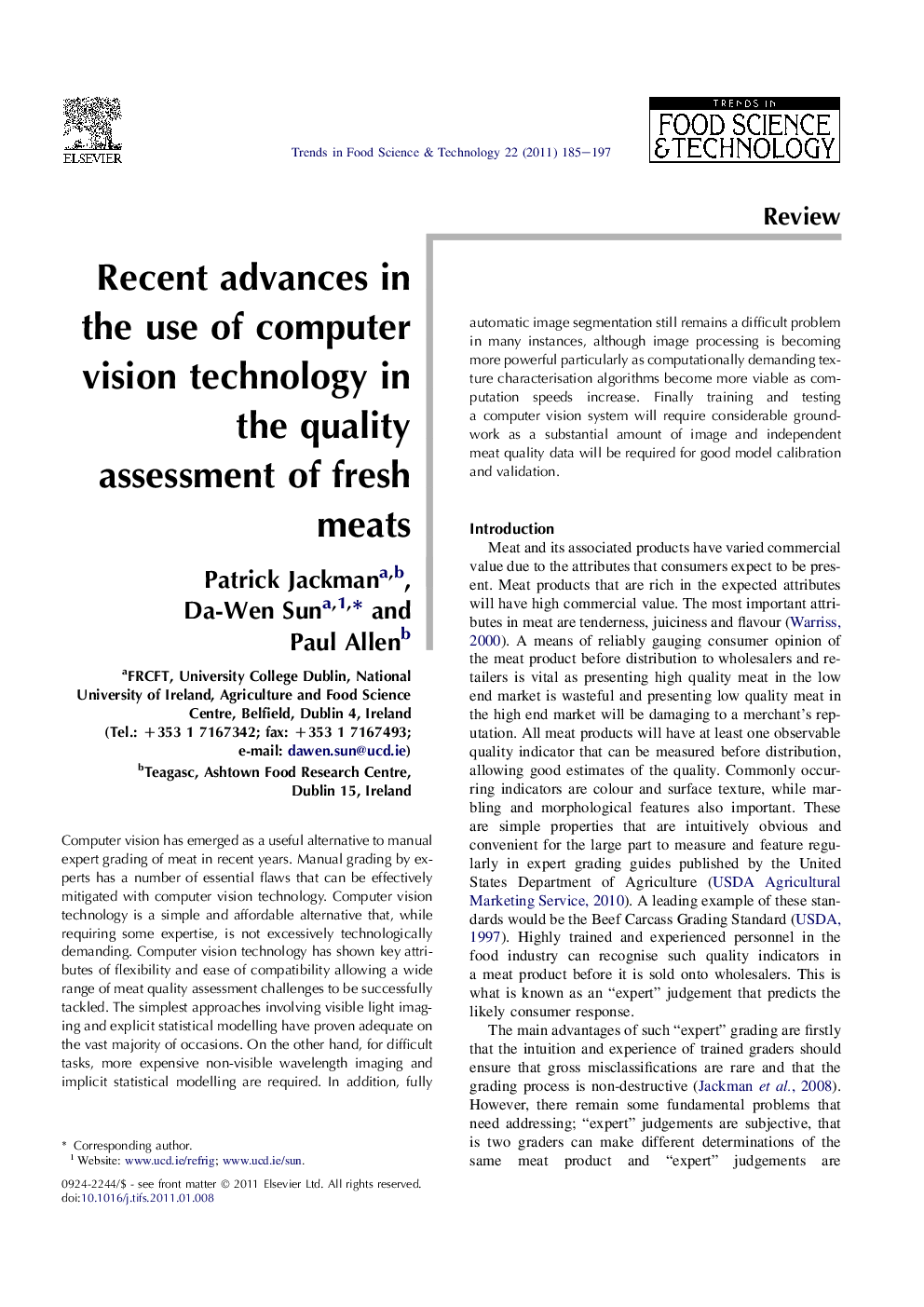 Recent advances in the use of computer vision technology in the quality assessment of fresh meats