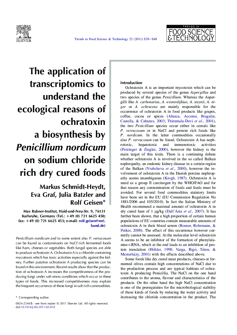 The application of transcriptomics to understand the ecological reasons of ochratoxin a biosynthesis by Penicillium nordicum on sodium chloride rich dry cured foods
