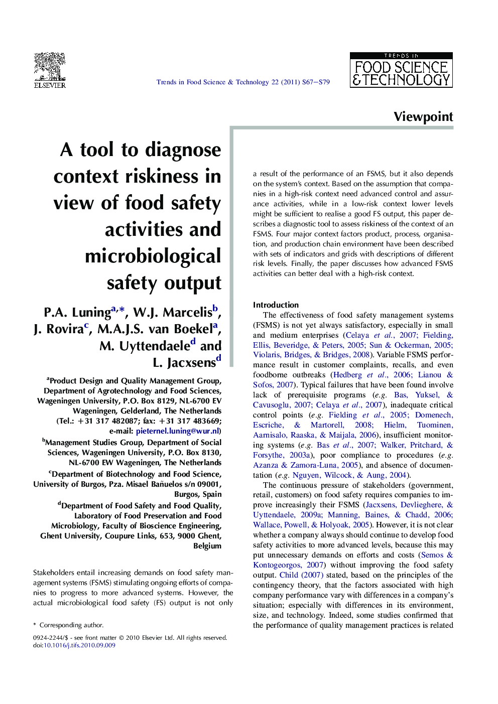 A tool to diagnose context riskiness in view of food safety activities and microbiological safety output
