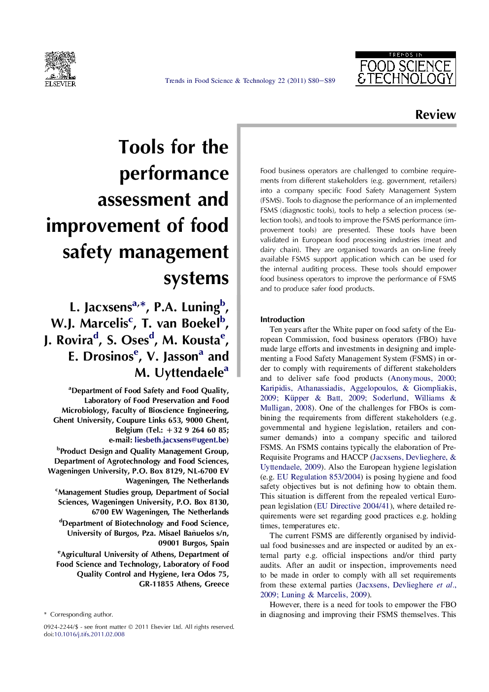 Tools for the performance assessment and improvement of food safety management systems