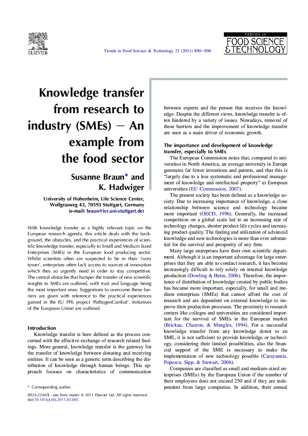 Knowledge transfer from research to industry (SMEs) – An example from the food sector