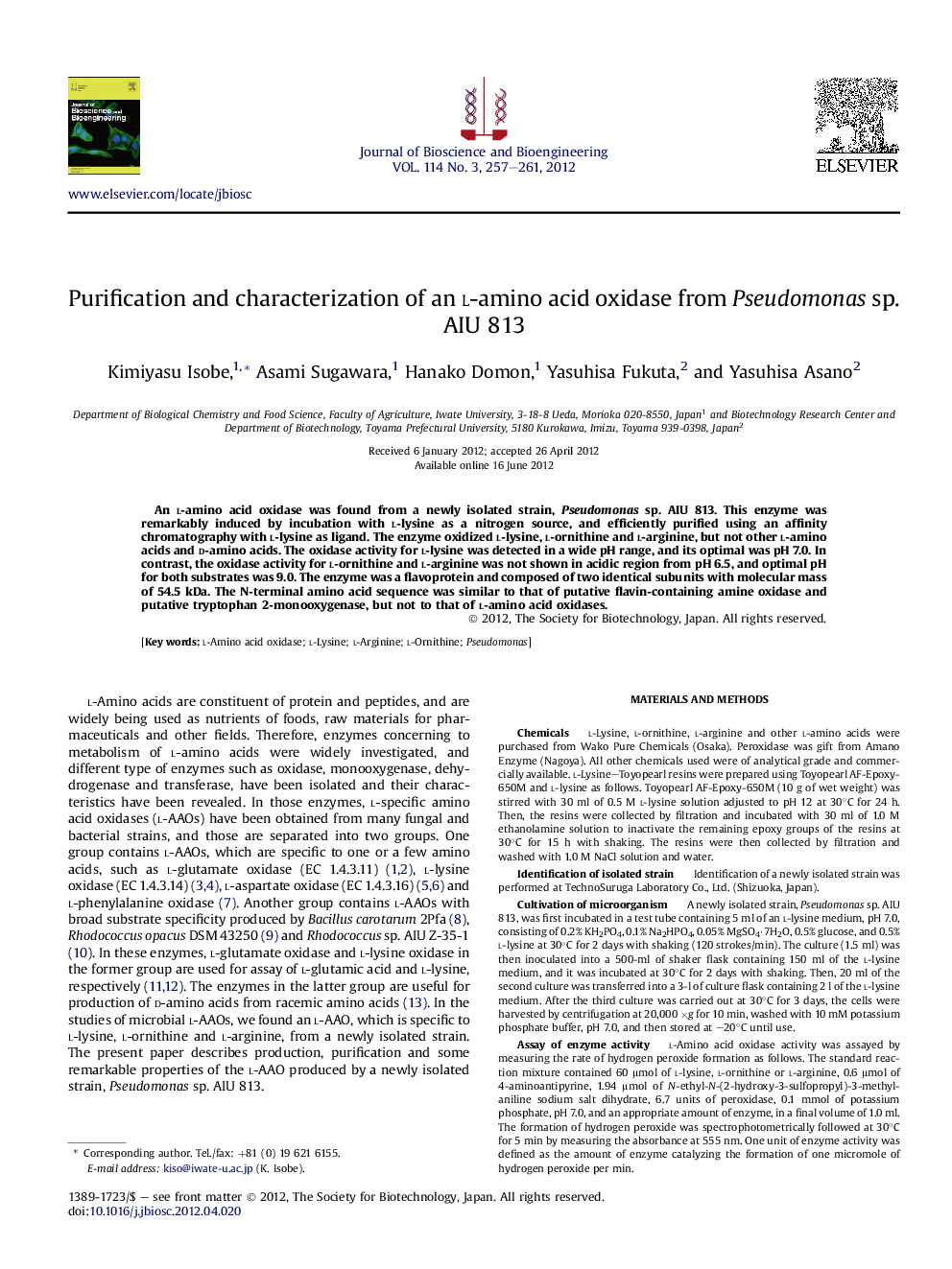 Purification and characterization of an l-amino acid oxidase from Pseudomonas sp. AIU 813