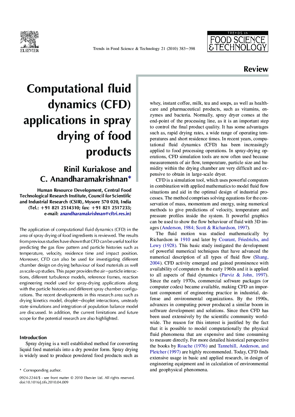 Computational fluid dynamics (CFD) applications in spray drying of food products