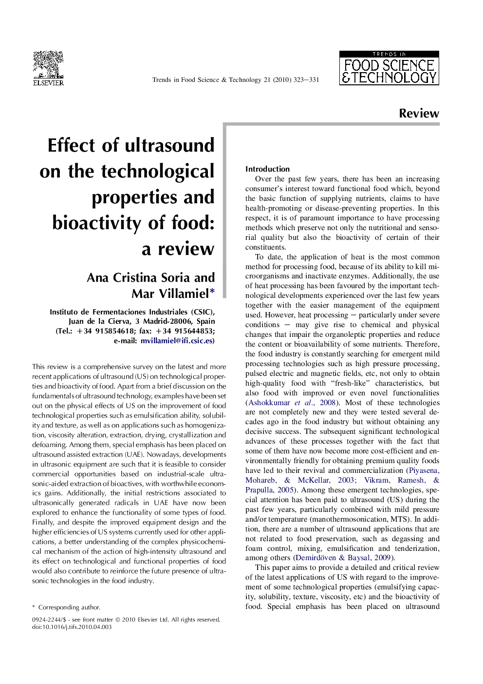 Effect of ultrasound on the technological properties and bioactivity of food: a review