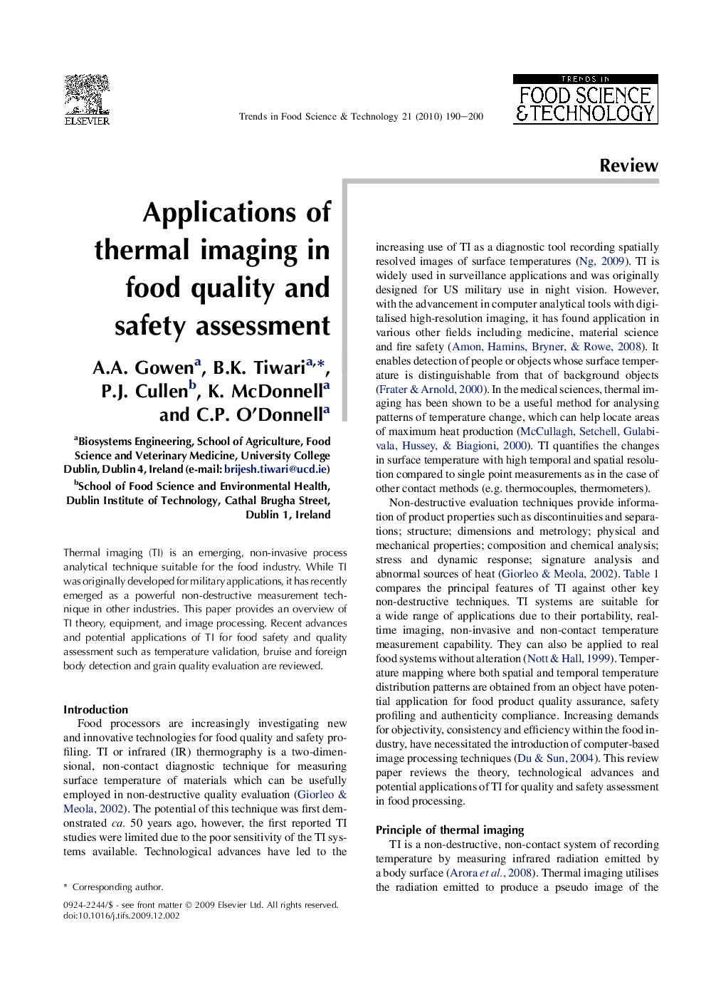 Applications of thermal imaging in food quality and safety assessment